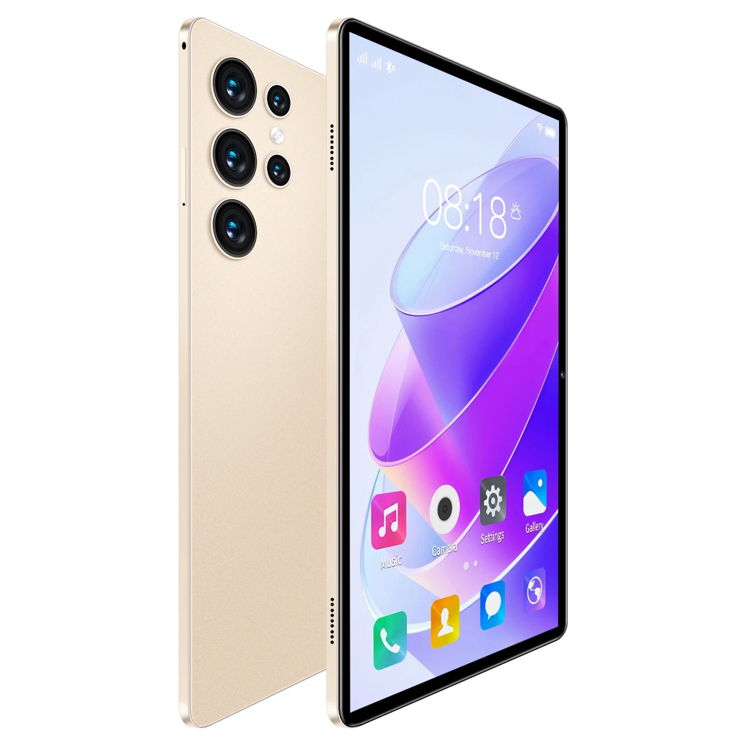 Slim gold 10.1-inch Android tablet shown from front and back, featuring a triple camera array and colourful interface.