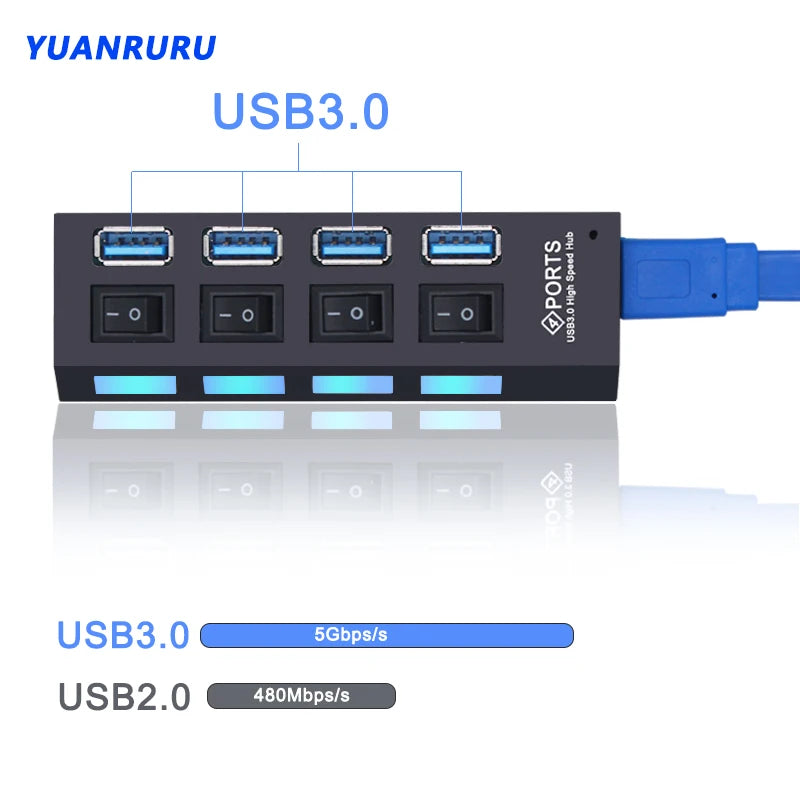 Black USB 3.0 hub with four ports, individual power switches, blue LED indicators, and a blue USB connection cable.