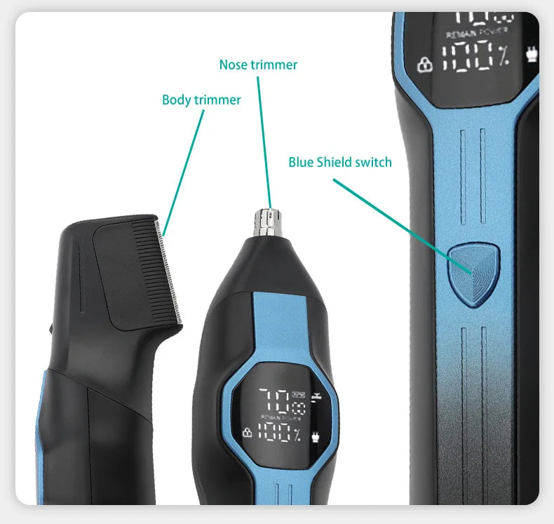 Black and metallic blue rechargeable grooming kit featuring nose and body trimmers with a digital power display.