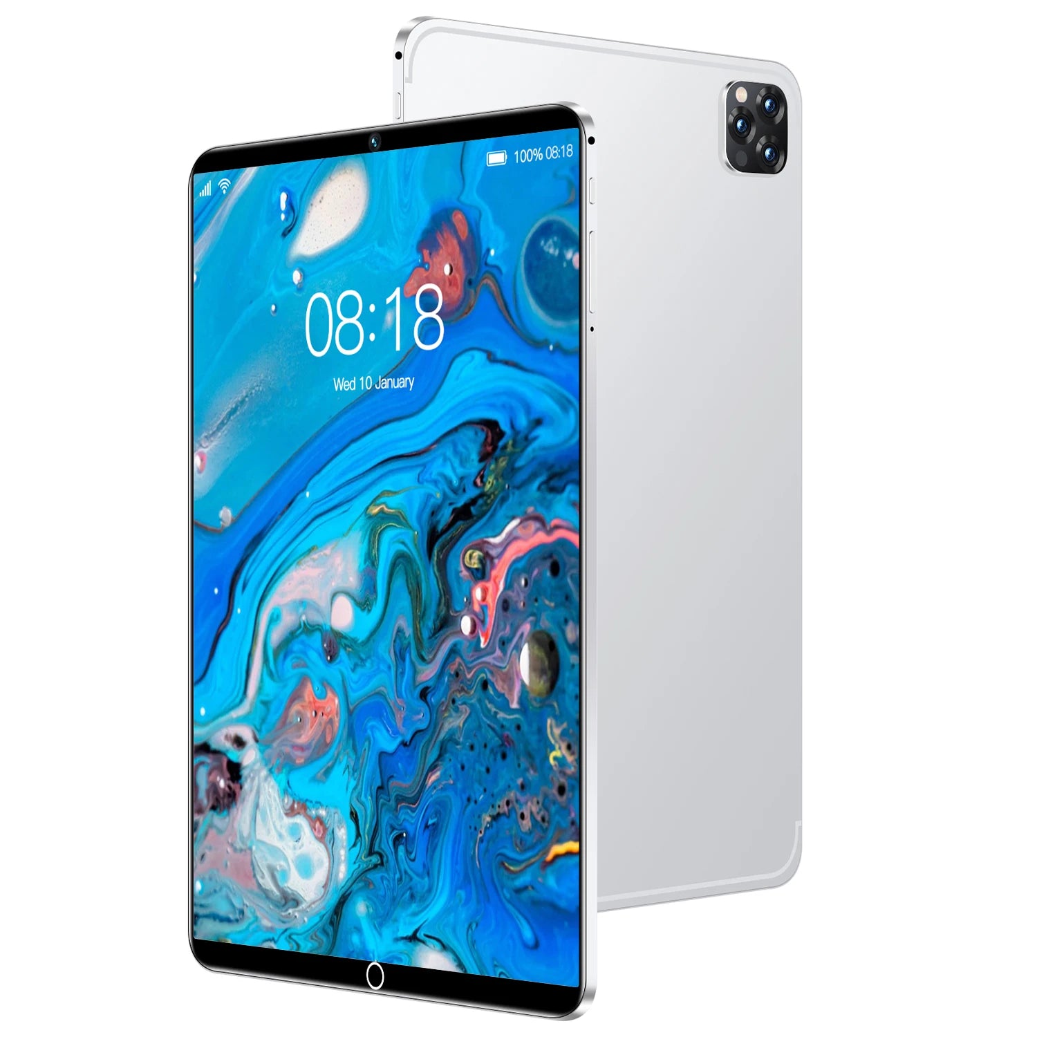 Sleek silver 10.1-inch tablet with a vibrant blue display, slim black bezels, and a triple-lens rear camera setup.