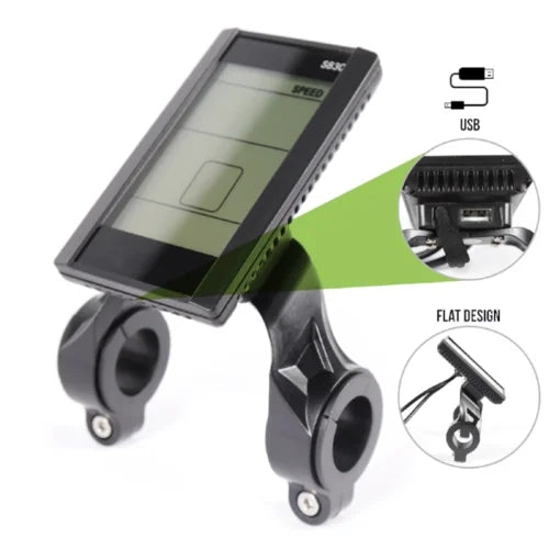 Black electric bike LCD display with handlebar mount, integrated USB charging port, and slim, flat profile design.