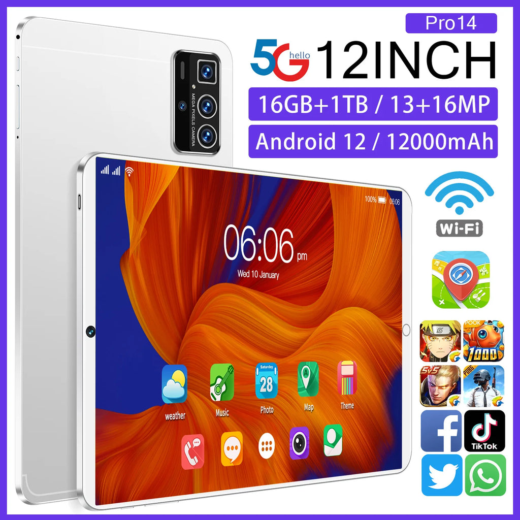 Sleek silver 12-inch Android tablet featuring a triple-lens rear camera and vibrant home screen display.