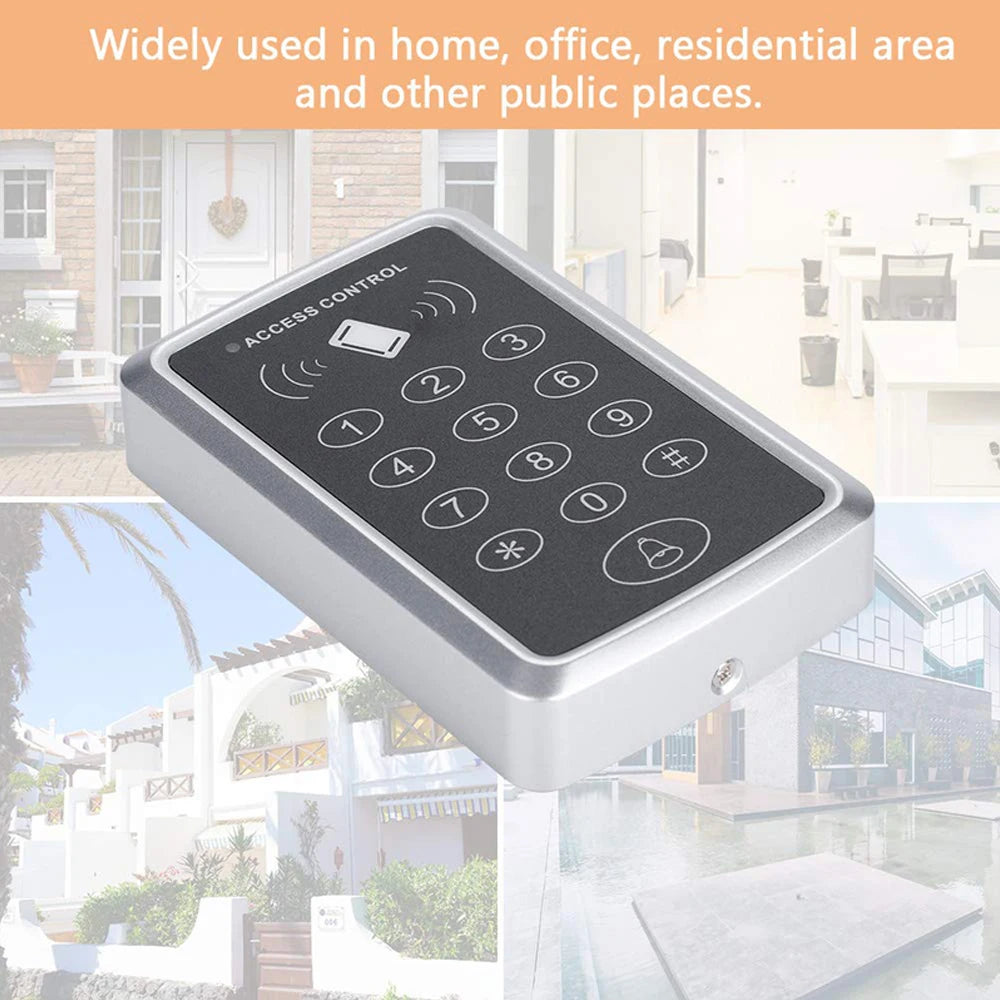 Silver metal access control keypad with a black touch panel, numeric buttons, and RFID card reader icon.