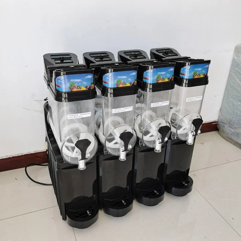 Commercial 4-tank slush machine with clear containers, black base units, and individual dispensing handles.