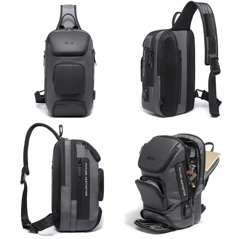 Grey anti-theft crossbody bag with multiple zipped compartments, adjustable padded strap, and internal organiser.