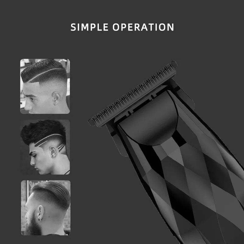 Black cordless hair and beard trimmer with a T-blade and textured diamond-pattern handle. Includes stylish fade cuts.