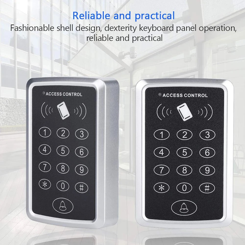 Two silver plastic door access control keypads with black number buttons and a built-in bell icon.
