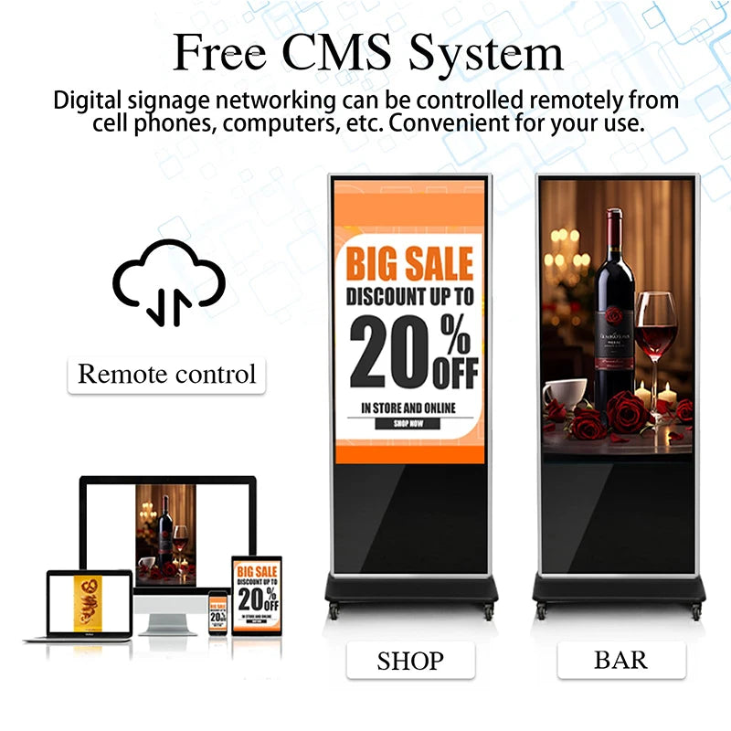 Sleek 43-inch floor-standing digital signage kiosk in black with castors, showing remote content management software.
