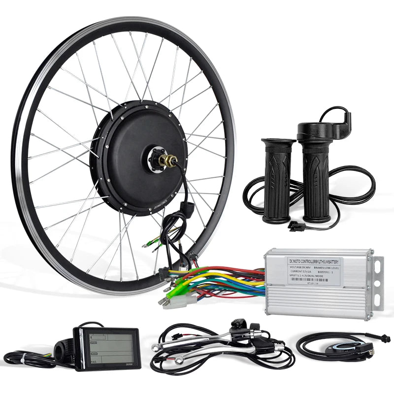 Electric bike conversion kit featuring a black motor wheel, controller, handle grips, digital display, and brake levers.