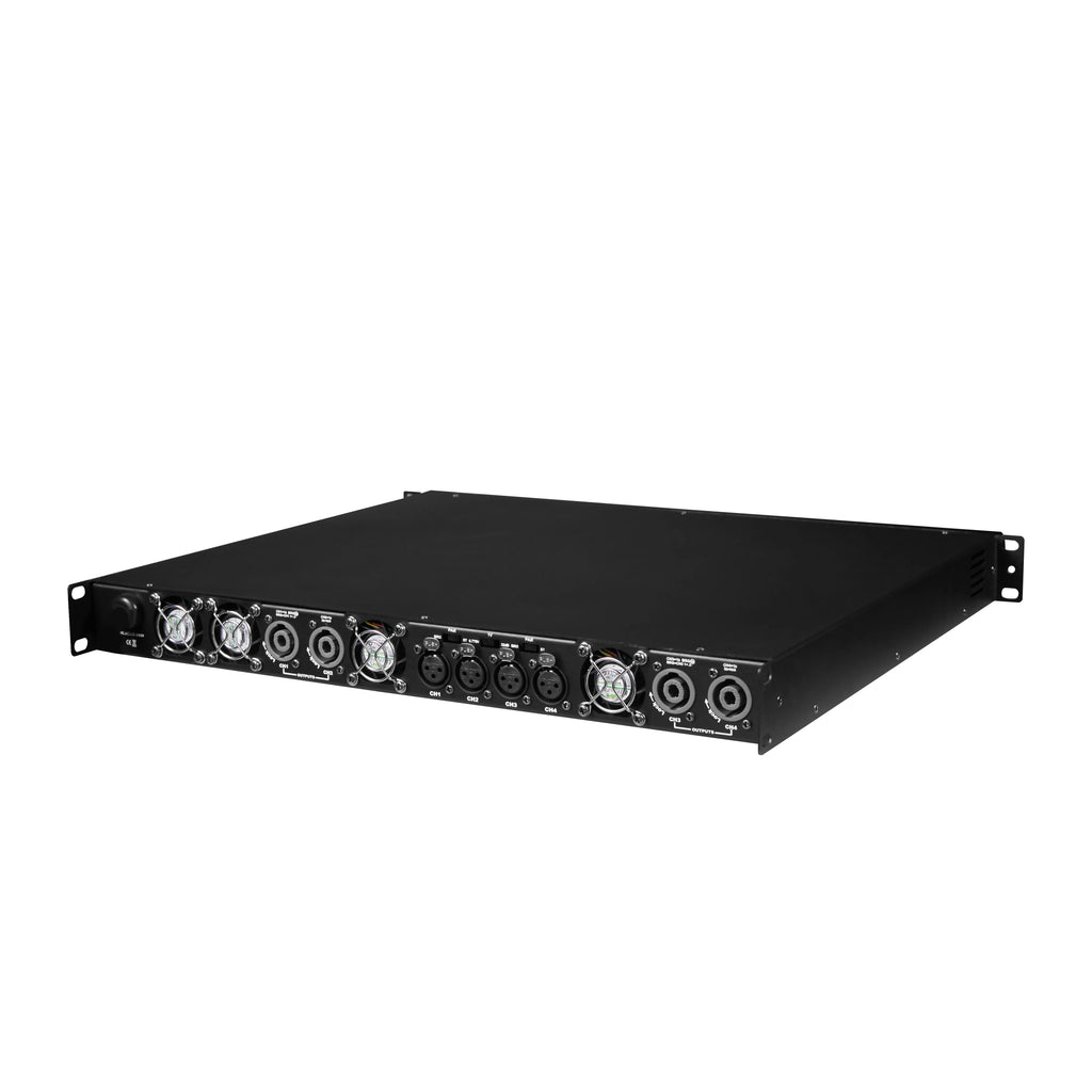 Black 4-channel professional power amplifier, featuring rack-mount design, cooling fans, and XLR/speakON output ports.