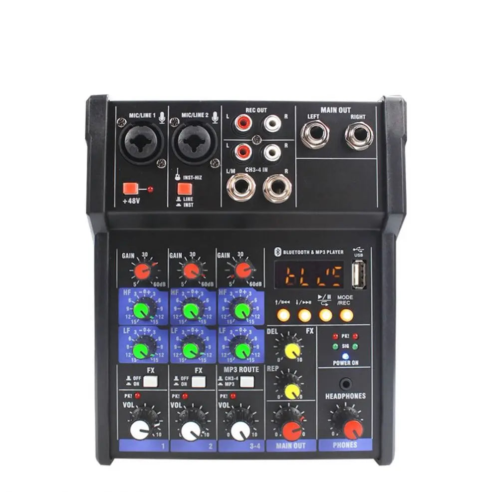 Compact black USB audio mixer with colourful control knobs, built-in digital effects, and Bluetooth playback.