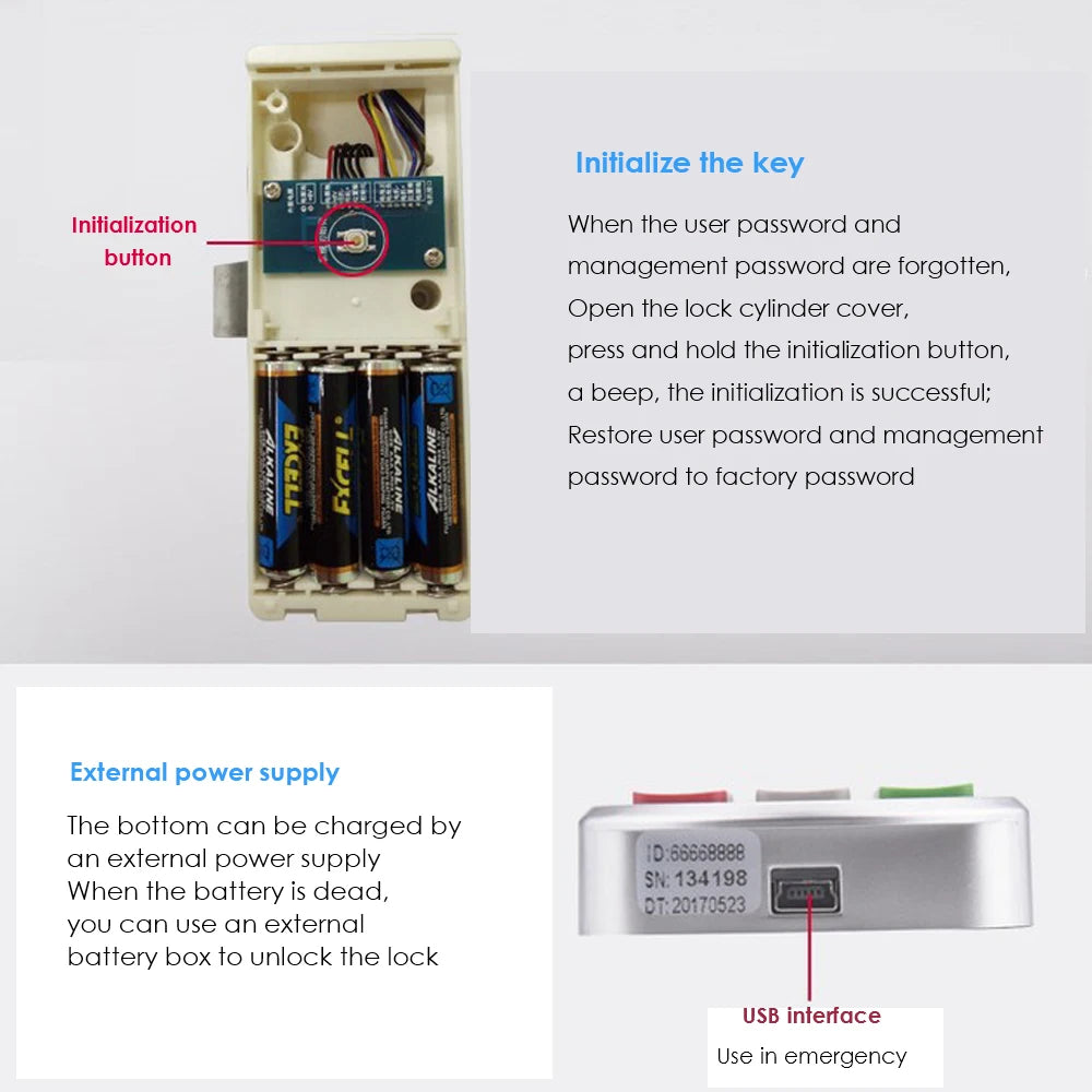 White plastic battery-powered lock mechanism with an initialization button and external USB emergency power port.