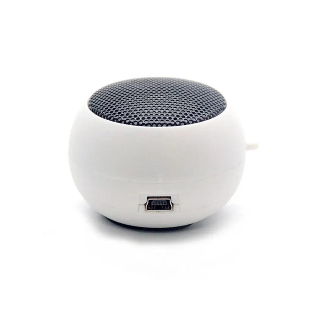 Small, spherical white portable speaker with a black mesh top and a visible charging port on the side.
