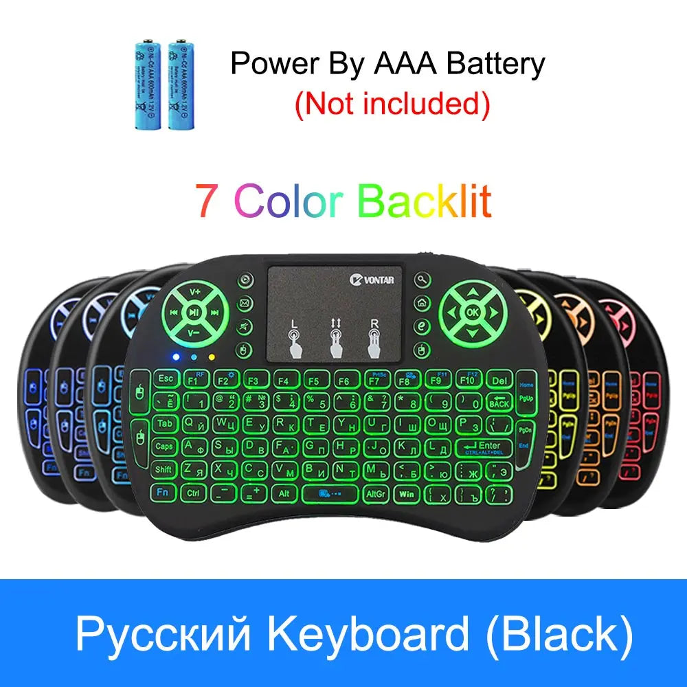 Black wireless mini keyboard with touchpad and 7-colour backlit keys, suitable for PCs and smart TVs.