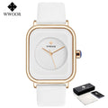 Ladies' square fashion watch with a white textured leather strap, gold-tone case, and minimalist white dial.
