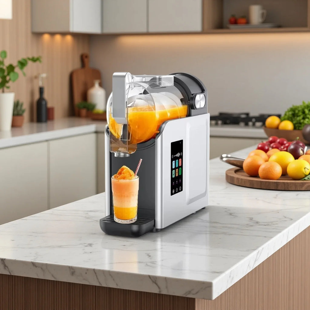 Modern silver and black countertop smoothie machine dispensing a vibrant orange drink into a glass.