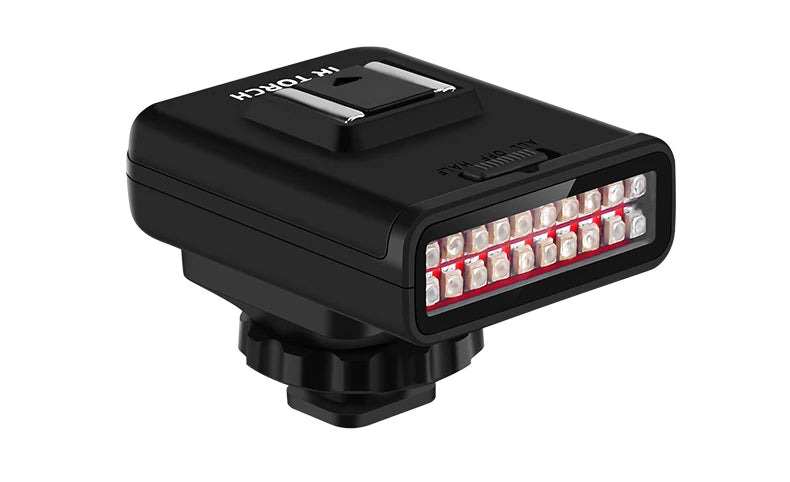 Black plastic infrared LED torch with camera hot shoe mount and power switch.