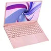 Slim, pink 15.6-inch laptop with a full-size keyboard and vibrant abstract screen wallpaper.