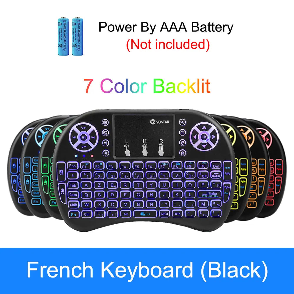 Black French wireless mini keyboard featuring a central touchpad, directional pad, and 7-colour backlit keys.
