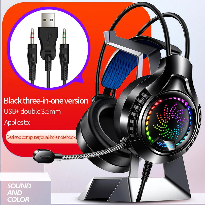 Black gaming headset with RGB lighting, flexible microphone, and USB/3.5mm cable connections on a stand.