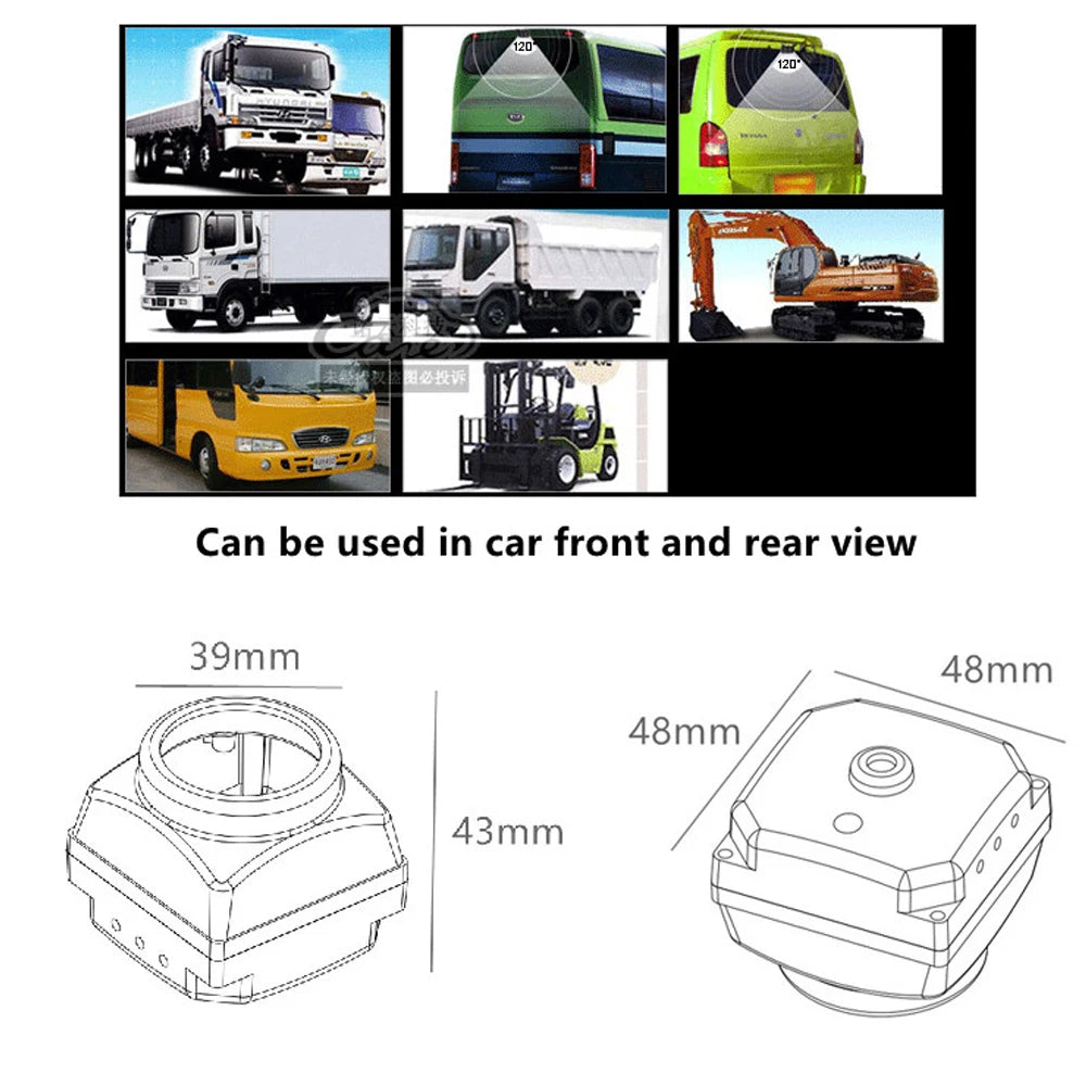Black plastic wide-angle vehicle backup camera with 120-degree field of view and technical dimensions.