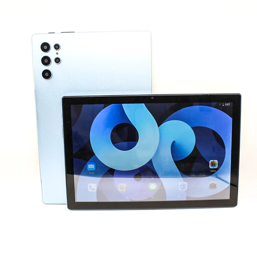 10-inch Android tablet in light blue with a multi-lens rear camera and vibrant blue abstract screen wallpaper.