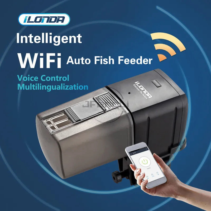 Black, rectangular smart WiFi fish feeder with a translucent food container, controlled by a smartphone app.