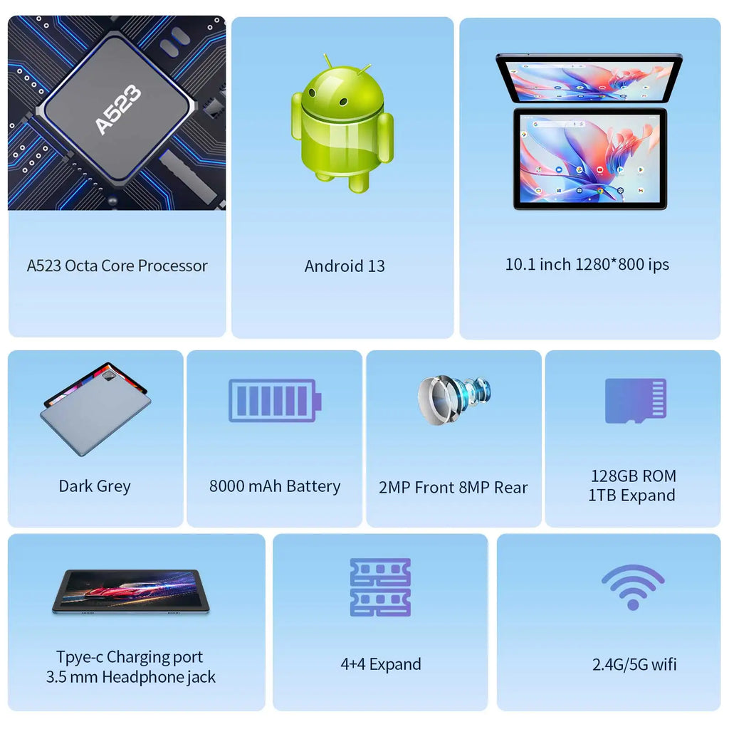 10-inch dark grey Android 13 tablet feature overview, showing processor, display, cameras, storage, and connectivity.