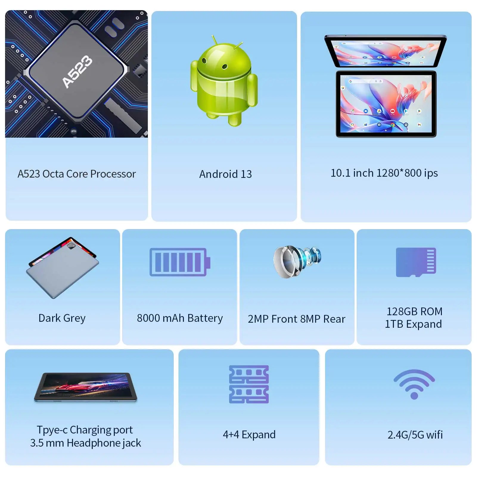 10-inch dark grey Android 13 tablet feature overview, showing processor, display, cameras, storage, and connectivity.