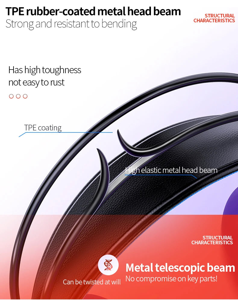Black, flexible gaming headset headband featuring a durable TPE rubber-coated, high-elastic metal frame.