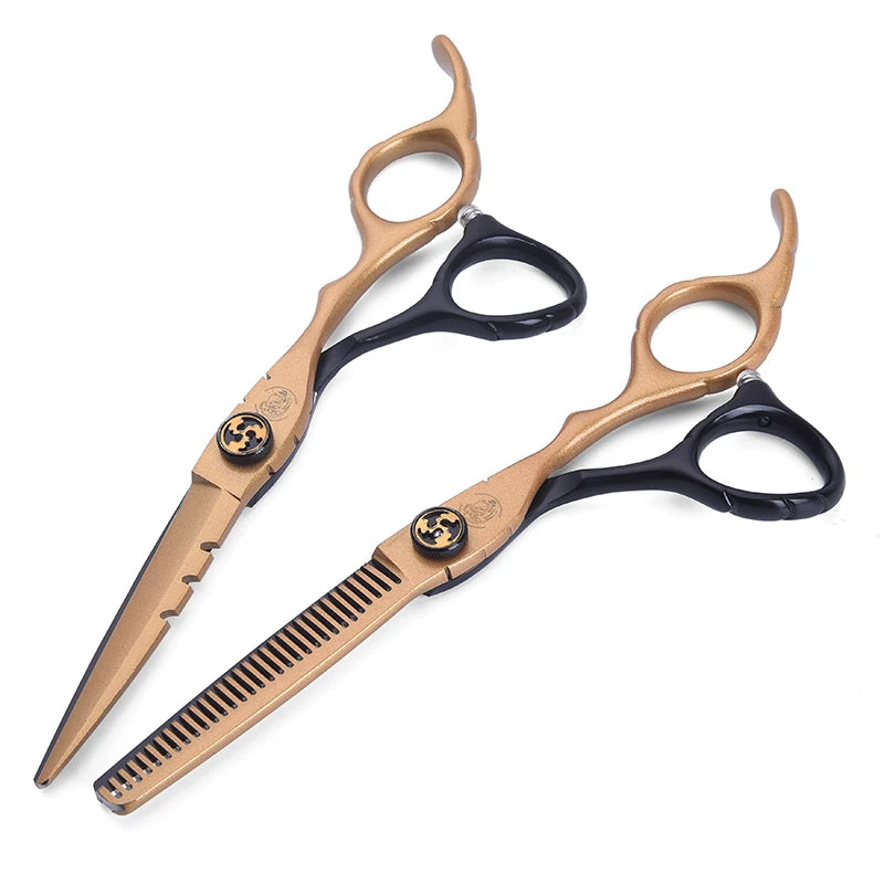 A 6-inch professional hairdressing set featuring gold blades and ergonomic black finger handles.