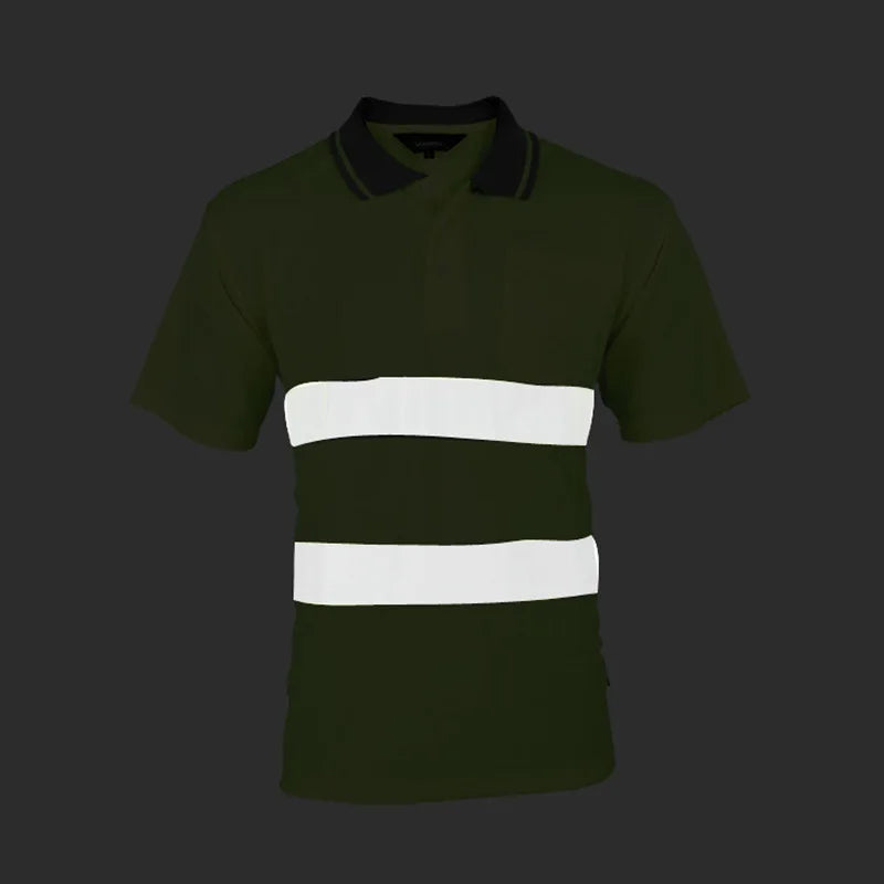 Dark green short-sleeved safety polo shirt with a black collar and two white reflective stripes.