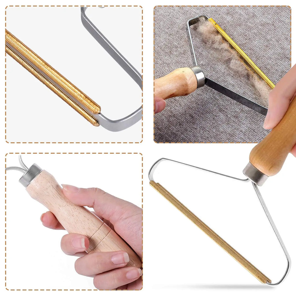 Fabric lint remover tool with a brass-edged head and wooden handle, showing use on textile upholstery.