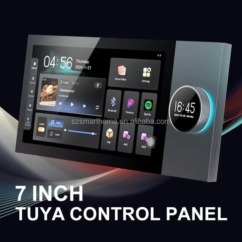 7-inch smart home control panel with dark grey finish, touchscreen interface, audio settings and circular side dial.