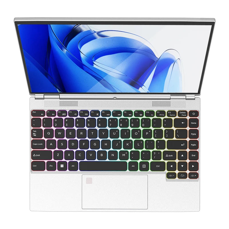 Silver 14-inch 360-degree laptop with a backlit rainbow keyboard, large trackpad, and a vibrant desktop screen.