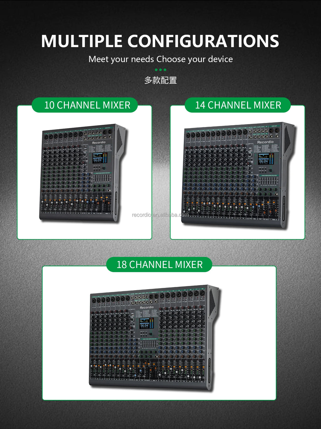Three charcoal-grey professional audio mixers with varying channel counts, LED displays, and control knobs.
