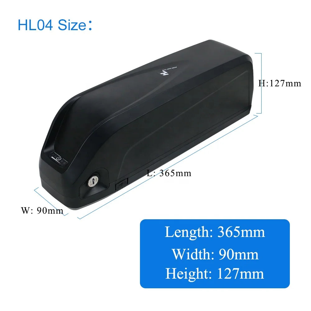 Black down tube e-bike battery with a key lock, power button, and dimensions of 365x90x127mm.