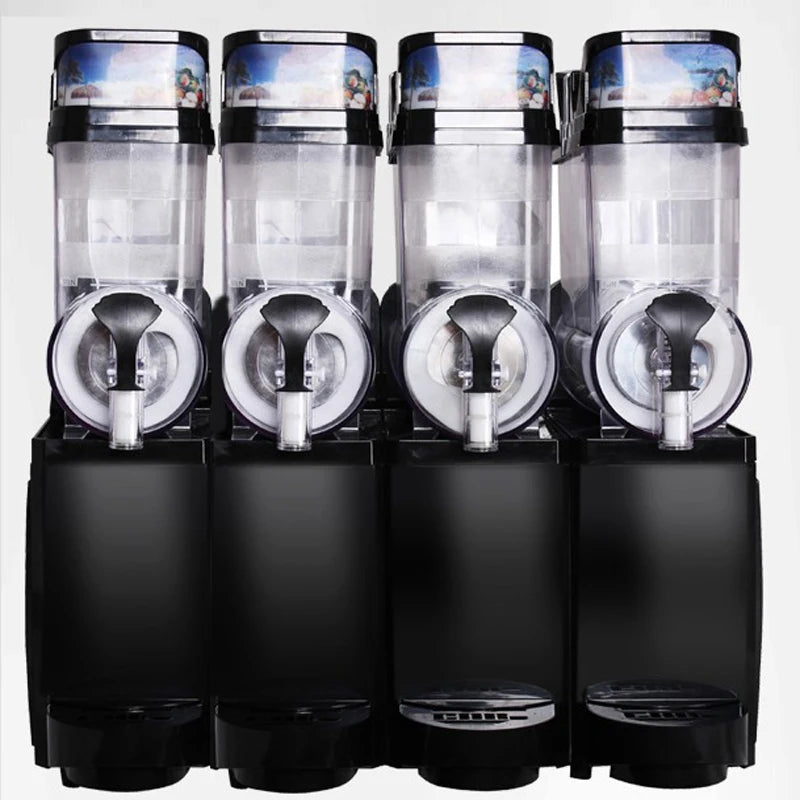 Commercial 60L slush machine with four clear tanks, individual black dispensing handles and sleek black base.