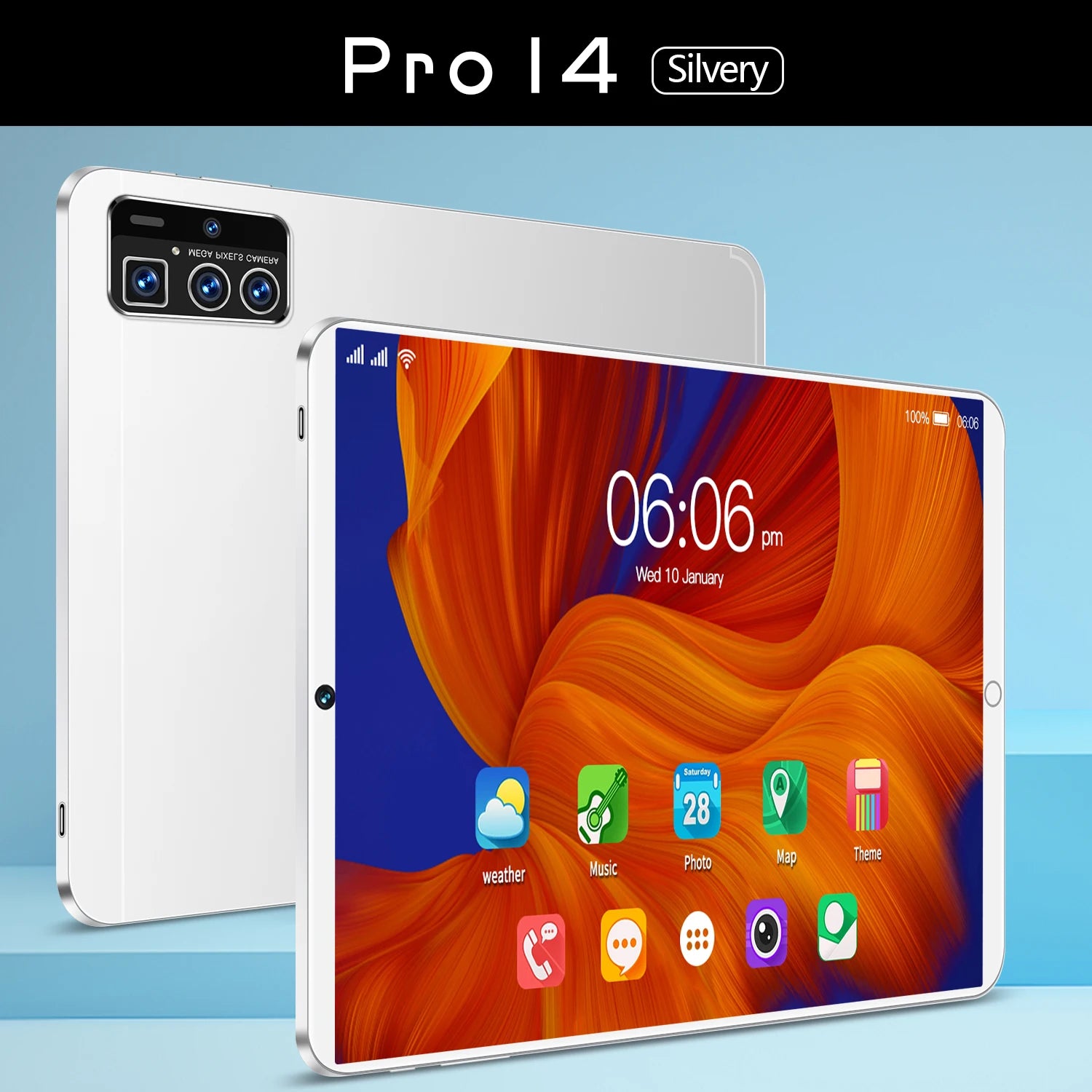 Sleek silver 12-inch tablet showing front and back views, with a vibrant Android interface and triple-lens camera.