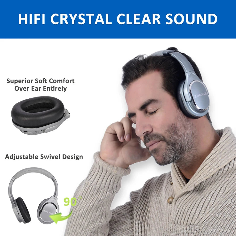 Silver wireless over-ear TV headphones featuring soft black cushions, a comfortable swivel design, and hi-fi sound.