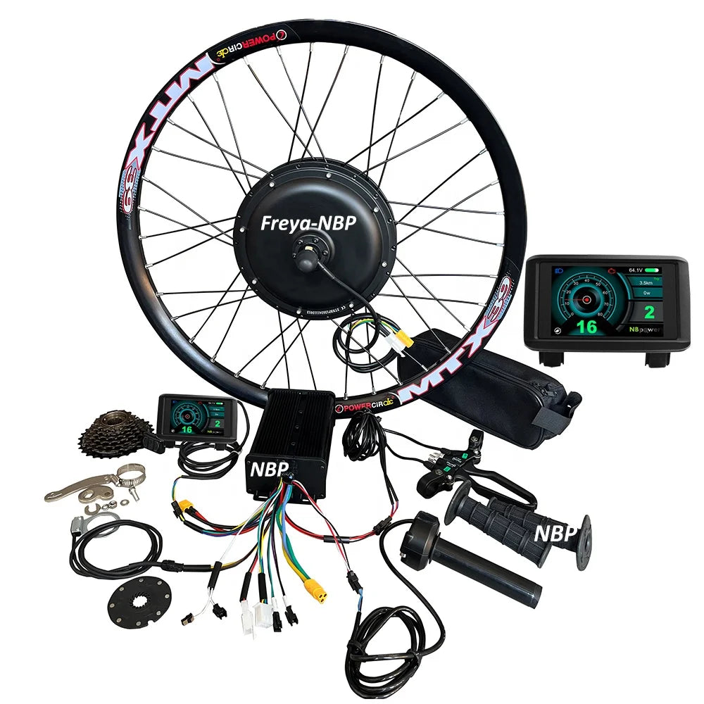 2000W electric bike hub motor conversion kit including black rim, digital display, controller, and throttle components.