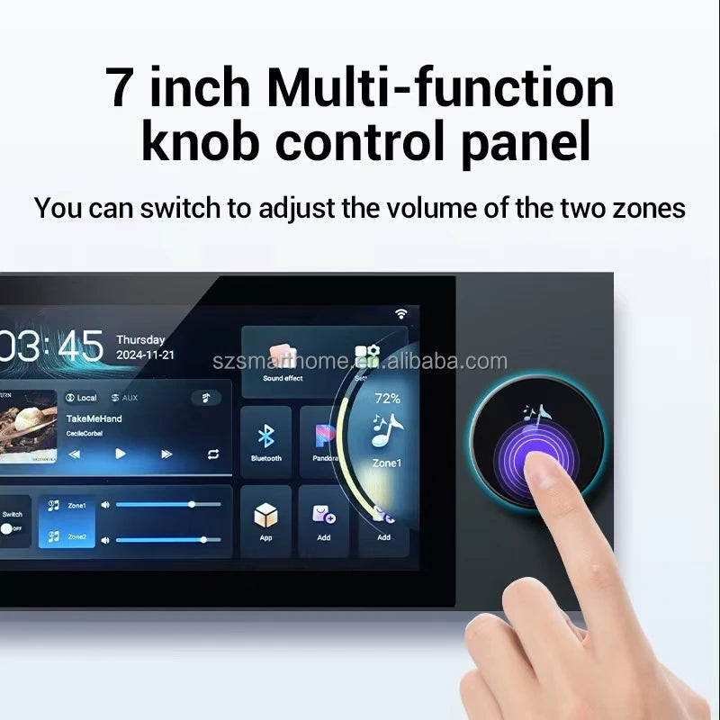 7-inch smart home control panel in charcoal grey with a vibrant touch screen, volume knob, and audio zone controls.