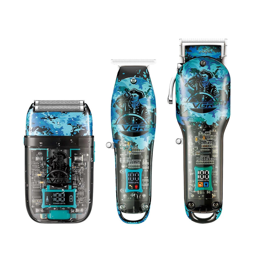 Three cordless hair trimmers with a blue camo pirate design, transparent casings, and digital battery displays.