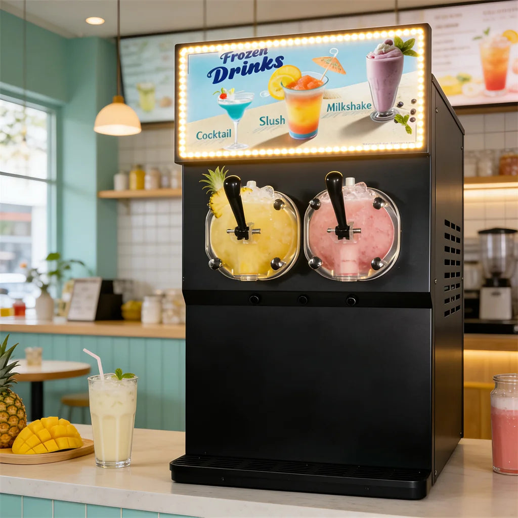 Professional twin-bowl commercial slush and frozen beverage dispenser with illuminated display header.