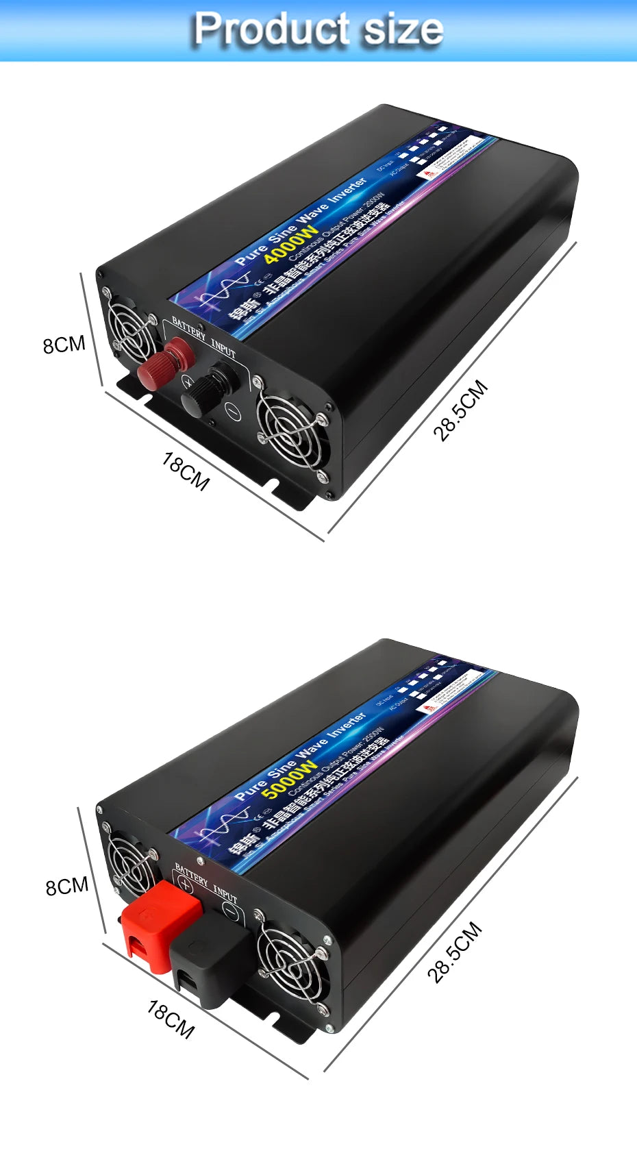 Black 12V/24V to 220V pure sine wave power inverter with cooling fans and battery input terminals. Dimension diagram.