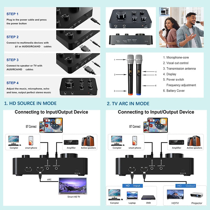 Wireless karaoke system featuring two silver microphones and a black audio mixer with volume, echo, and tone controls.