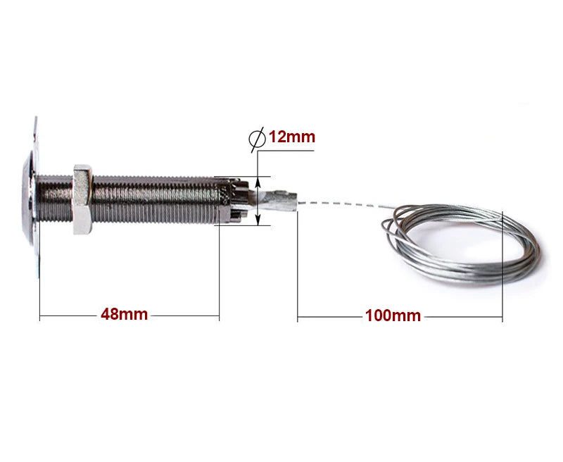 Silver metal cable gripper with a 12mm diameter barrel and 48mm length, including a coiled steel suspension cable.
