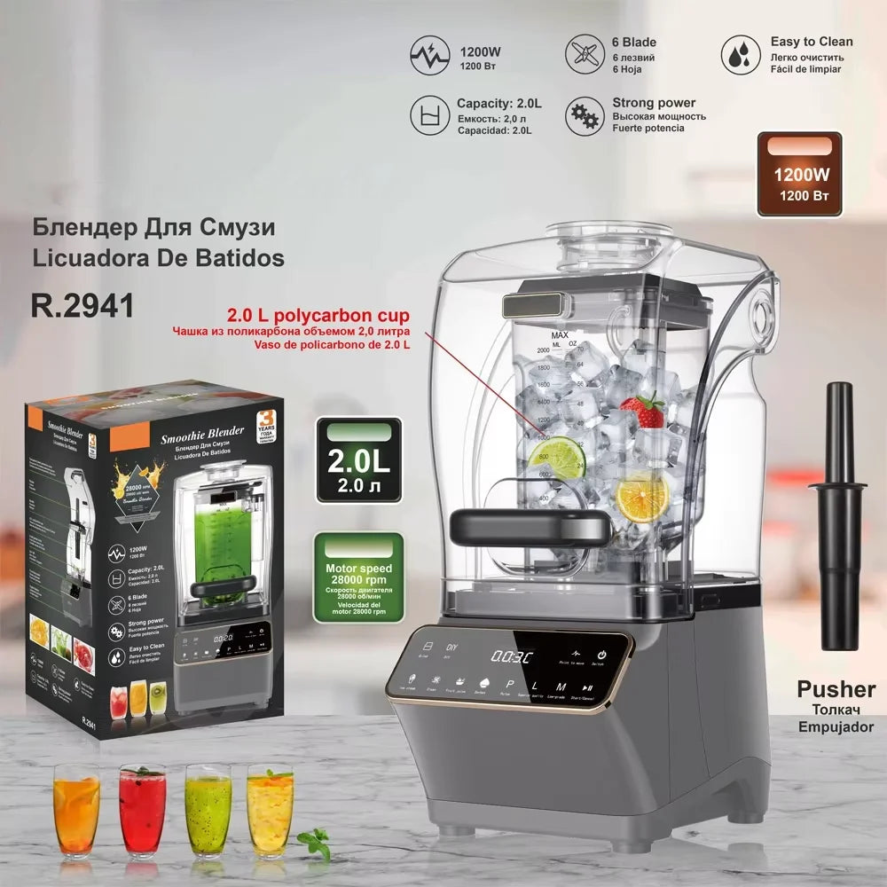 1200W smoothie blender with a 2L transparent jar, sound-dampening cover, dark grey base, and digital touch panel.