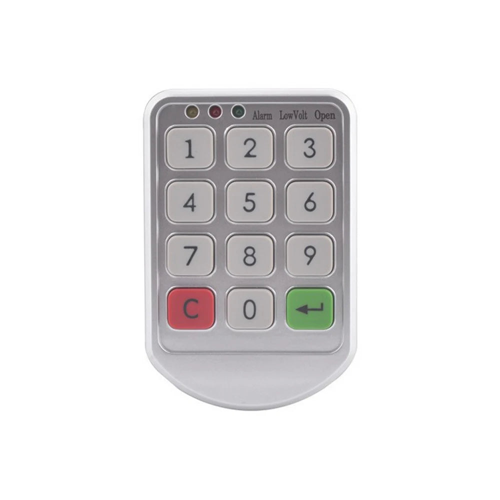 Silver plastic numeric keypad with 0-9 buttons, red cancel button, green enter button, and three status indicator LEDs.