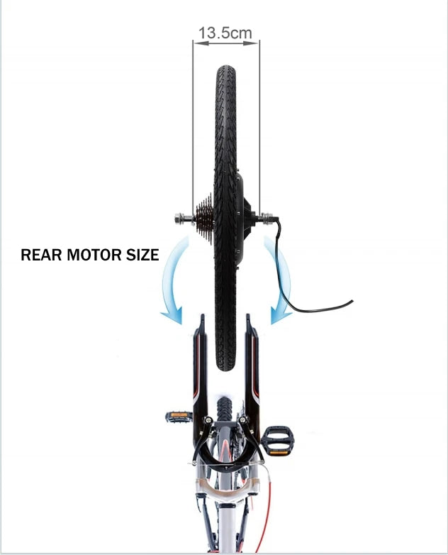 Electric bike conversion kit showing a rear motor wheel with a 13.5cm axle width, ready for bicycle frame installation.